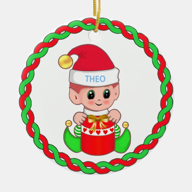 Cute Christmas Baby Elf & Green Red Garland Ceramic Ornament (Front)