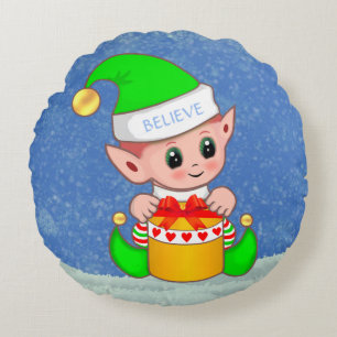 Cute Christmas Baby Elf on Light Blue Round Pillow