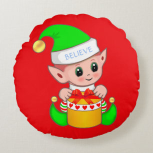 Cute Christmas Baby Elf on Red Round Pillow