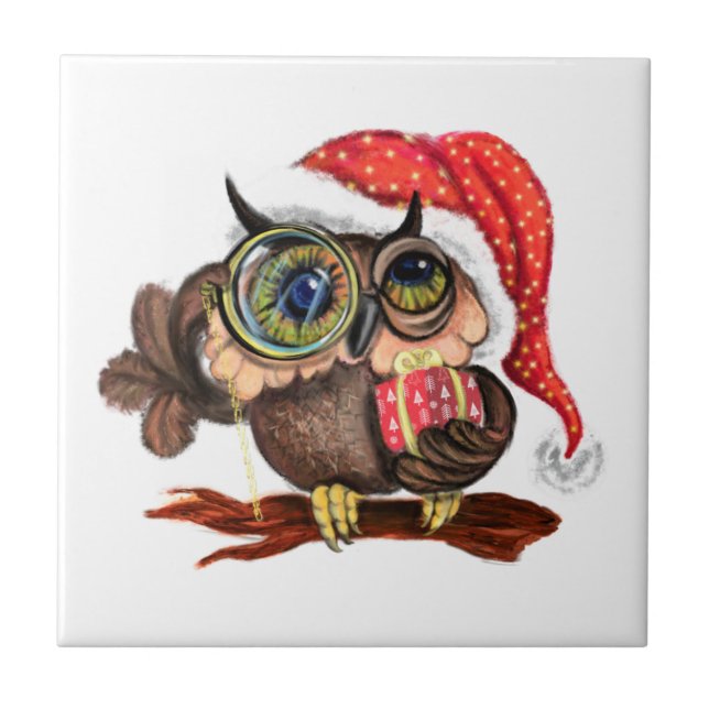 Cute Christmas Baby Owl with Gift Ceramic Tile (Front)