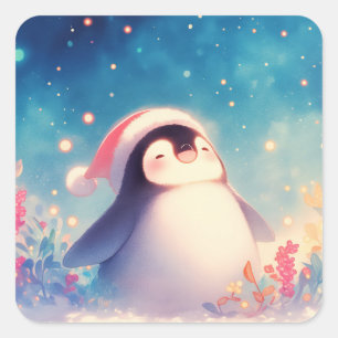 Cute Christmas Baby Penguin in Santa Hat Square Sticker