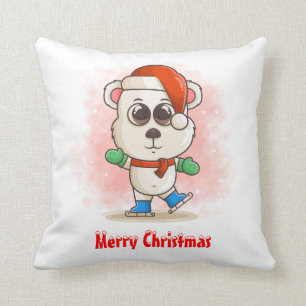 Cute Christmas Baby Polar Bear with Ice Skates Throw Pillow