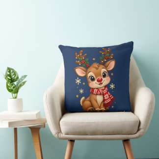 Cute Christmas Baby Reindeer Red Scarf Throw Pillow