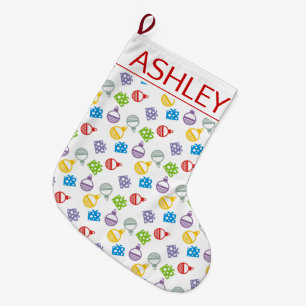 Cute Christmas balls and gifts pattern and name Large Christmas Stocking