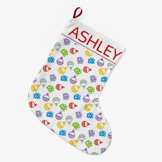 Cute Christmas balls and gifts pattern and name Large Christmas Stocking (Front (Hanging))