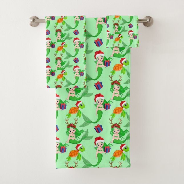 Cute Christmas beach mermaids sea turtle Bath Towel Set (Insitu)