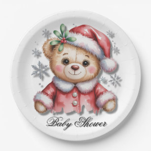 Cute Christmas Bear and Snowflakes Paper Plate