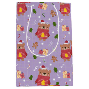 Cute Christmas Bear Pattern   Cozy Holiday Winter  Medium Gift Bag