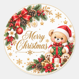 Cute Christmas Bear Santa Round Seal   Merry Chris