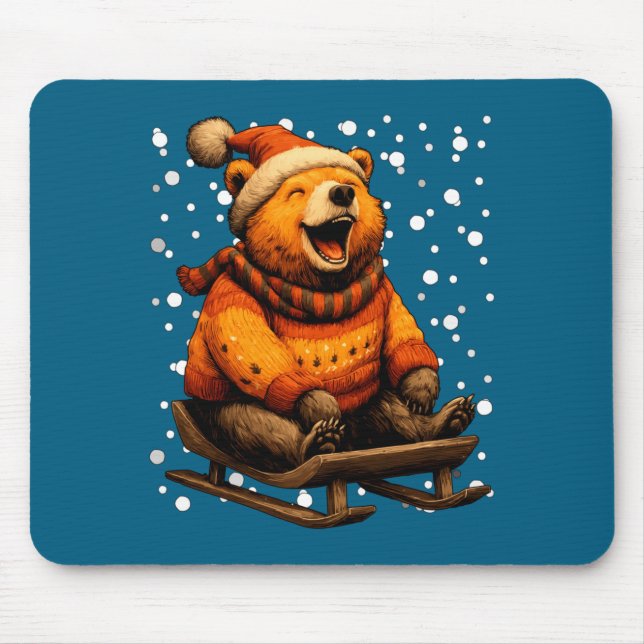 Cute Christmas Bear Sledding In Snow Funny Winter  Mouse Pad (Front)