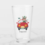 Cute Christmas Bear Snowman Red Car Custom Name Glass<br><div class="desc">This cute and colourful custom glass features a whimsical winter themed illustration of an adorable bear and snowman driving in a red car. Personalize it with your name in a retro typewriter font. Great gift idea!</div>