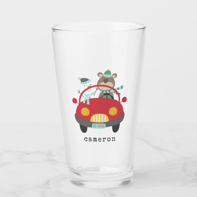 Cute Christmas Bear Snowman Red Car Custom Name Glass (Front)