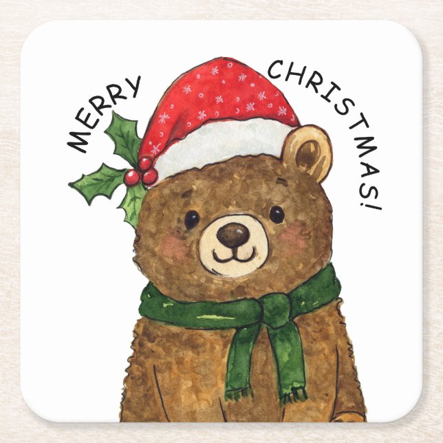 Cute christmas bear with santa hat square paper coaster (Front)