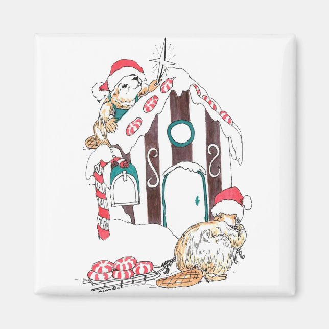 Cute Christmas Beaver Chalet Decorating Designed Magnet (Front)