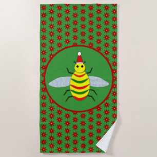 Cute Christmas Bee and Poinsettia Flowers Beach Towel