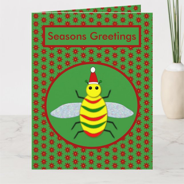 Cute Christmas Bee and Poinsettia Flowers Custom Card (Front)