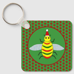 Cute Christmas Bee and Poinsettia Flowers Custom Keychain