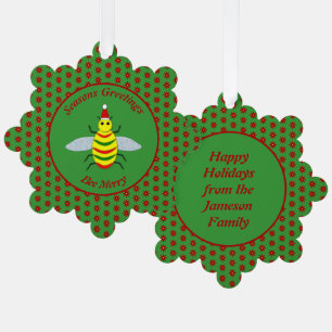 Cute Christmas Bee and Poinsettia Flowers Custom Ornament Card