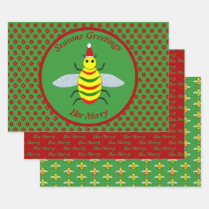 Cute Christmas Bee and Poinsettia Flowers Custom Wrapping Paper Sheet