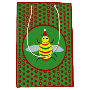 Cute Christmas Bee and Poinsettia Flowers Medium Gift Bag
