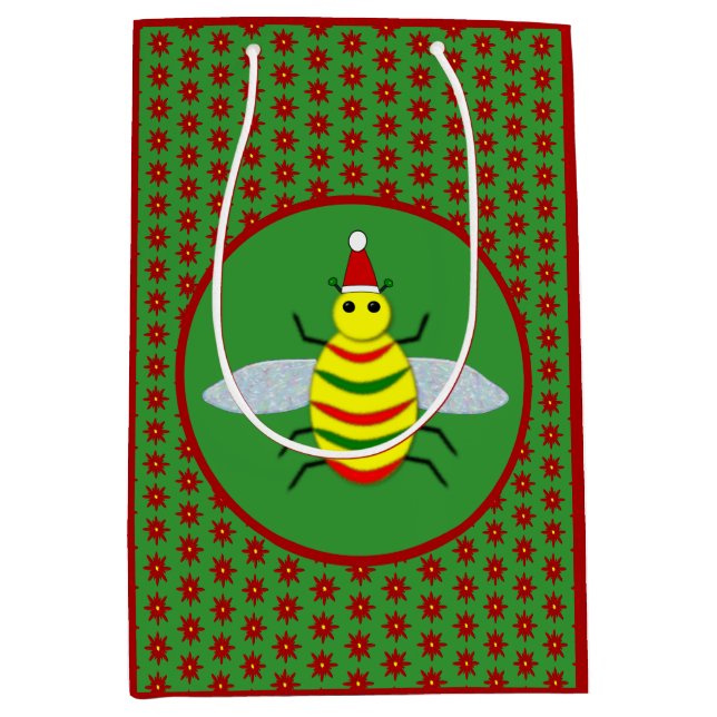Cute Christmas Bee and Poinsettia Flowers Medium Gift Bag (Front)