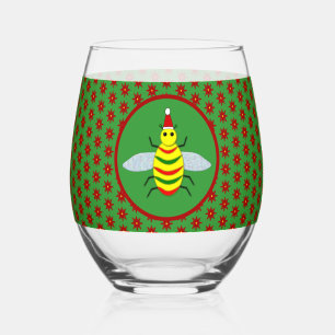 Cute Christmas Bee and Poinsettia Flowers Stemless Wine Glass