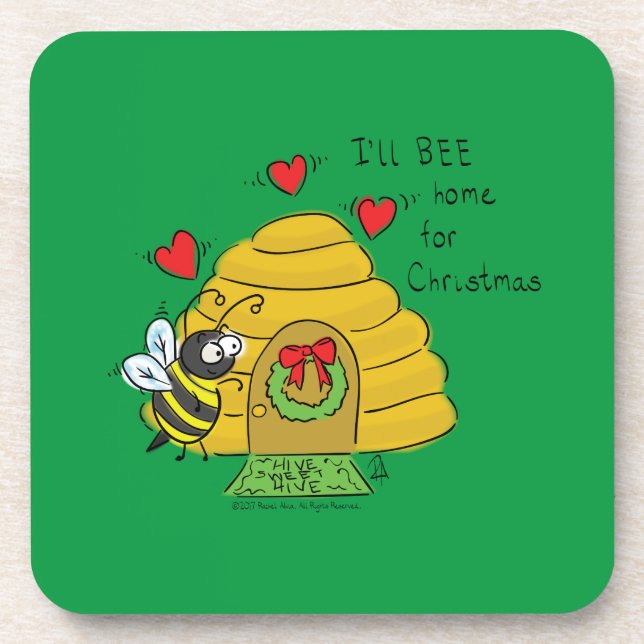 Cute Christmas Bee Funny Holiday Cartoon Coaster (Front)