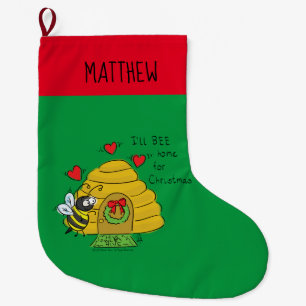 Cute Christmas Bee Funny Holiday Cartoon Large Christmas Stocking