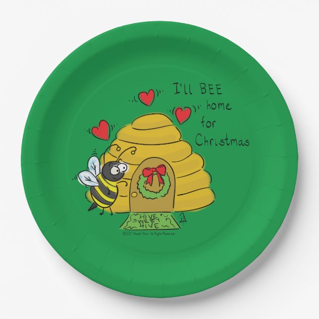Cute Christmas Bee Funny Holiday Cartoon Paper Plate (Front)