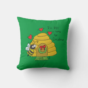 Cute Christmas Bee Funny Holiday Cartoon Throw Pillow