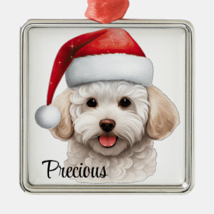 CUTE CHRISTMAS BICHON FRISE DOG WITH SANTA HAT METAL ORNAMENT