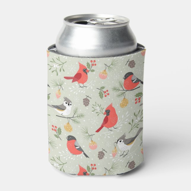 Cute Christmas Bird Pattern Holiday Design Can Cooler (Can Front)