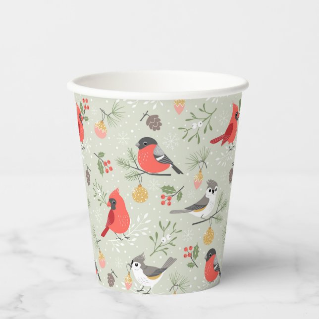 Cute Christmas Bird Pattern Holiday Design Paper Cups (Front)