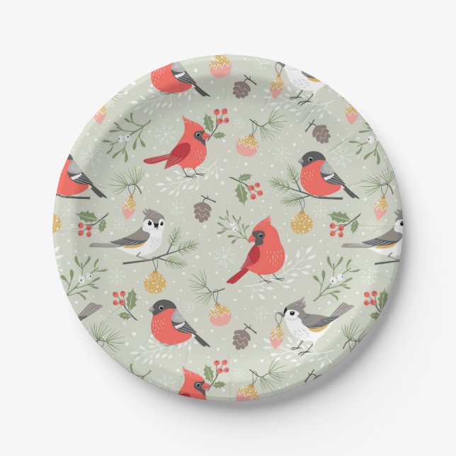 Cute Christmas Bird Pattern Holiday Design Paper Plate (Front)