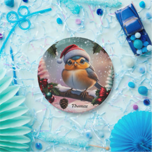 Cute Christmas bird sitting on a branch Paper Plate