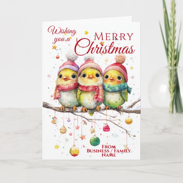 Cute Christmas Birds in Winter Hats Holiday Card (Front)