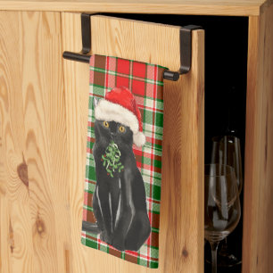 Cute Christmas Black Cat Holiday Plaid Kitchen Towel