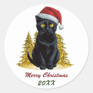 Cute Christmas Black Cat in Santa Hat Custom  Classic Round Sticker