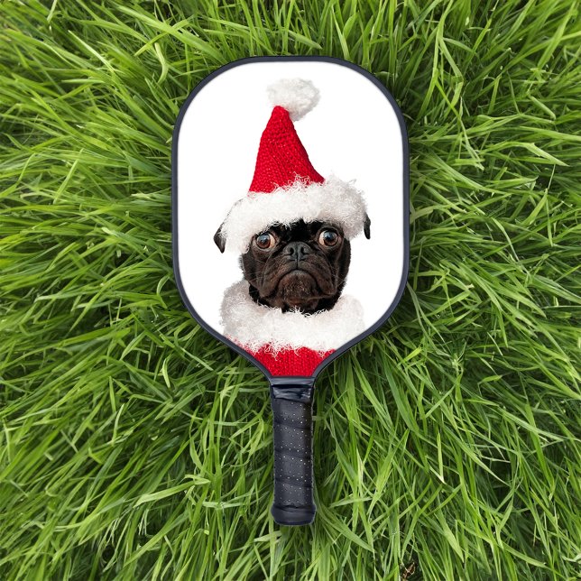 Cute Christmas Black Pug in Santa Hat Pickleball Paddle (Cute Christmas Santa Pug Pickleball Paddle)