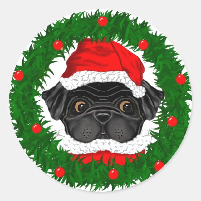 Cute Christmas Black Pug Santa in Wreath Classic Round Sticker (Front)
