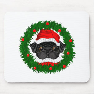 Cute Christmas Black Pug Santa in Wreath Mouse Pad