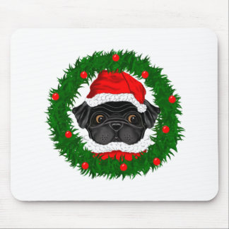 Cute Christmas Black Pug Santa in Wreath Mouse Pad