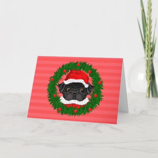 Cute Christmas Black Pug Santa in Wreath  Red Holiday Card (Front)