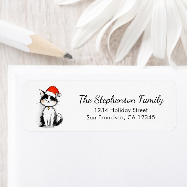 Cute Christmas Black & White Cat Return Address (Insitu)