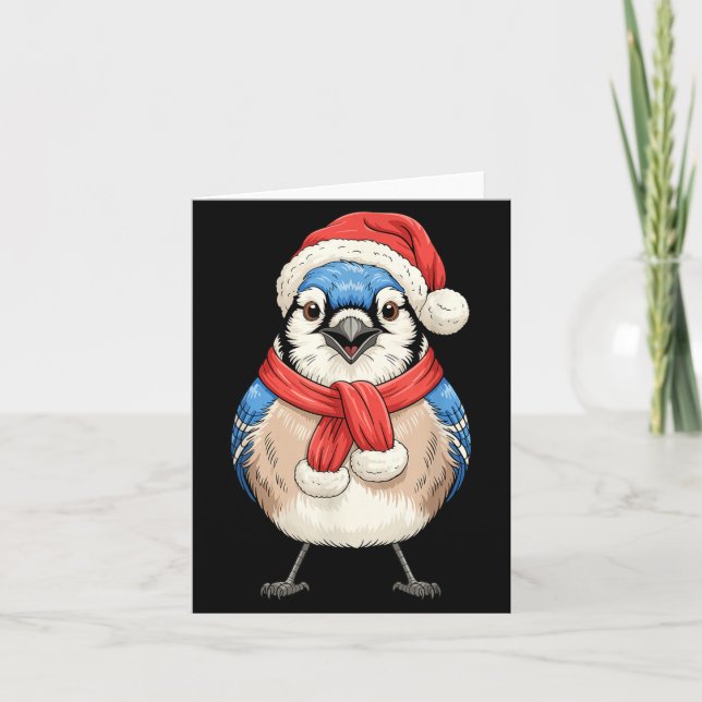 Cute Christmas Blue Jay Santa Bird Watching  Card (Front)