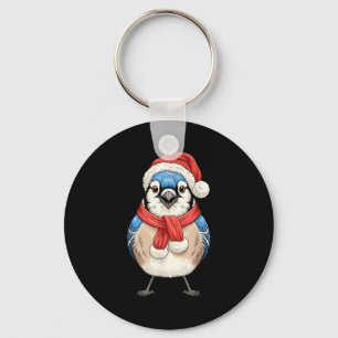 Cute Christmas Blue Jay Santa Bird Watching  Keychain