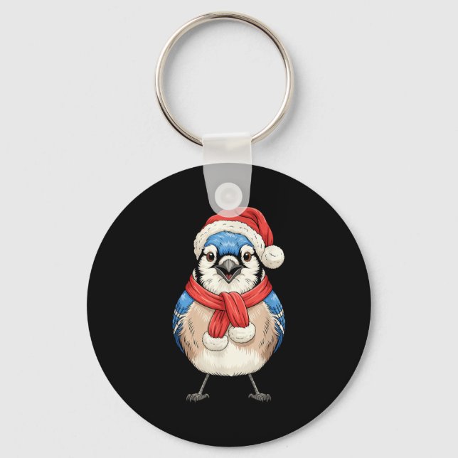 Cute Christmas Blue Jay Santa Bird Watching  Keychain (Front)