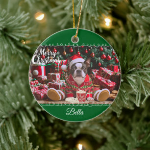 Cute Christmas Boston Terrier Pyjamas Personalized Ceramic Ornament