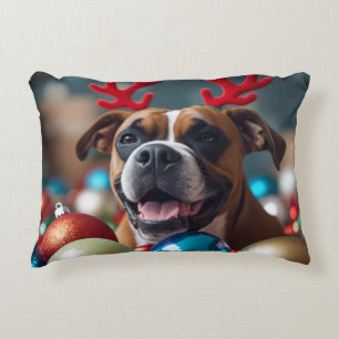 Cute Christmas Boxer Dog in Reindeer Antlers Accent Pillow