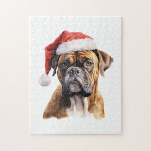 Cute Christmas Boxer Dog With Santa Hat Jigsaw Puzzle